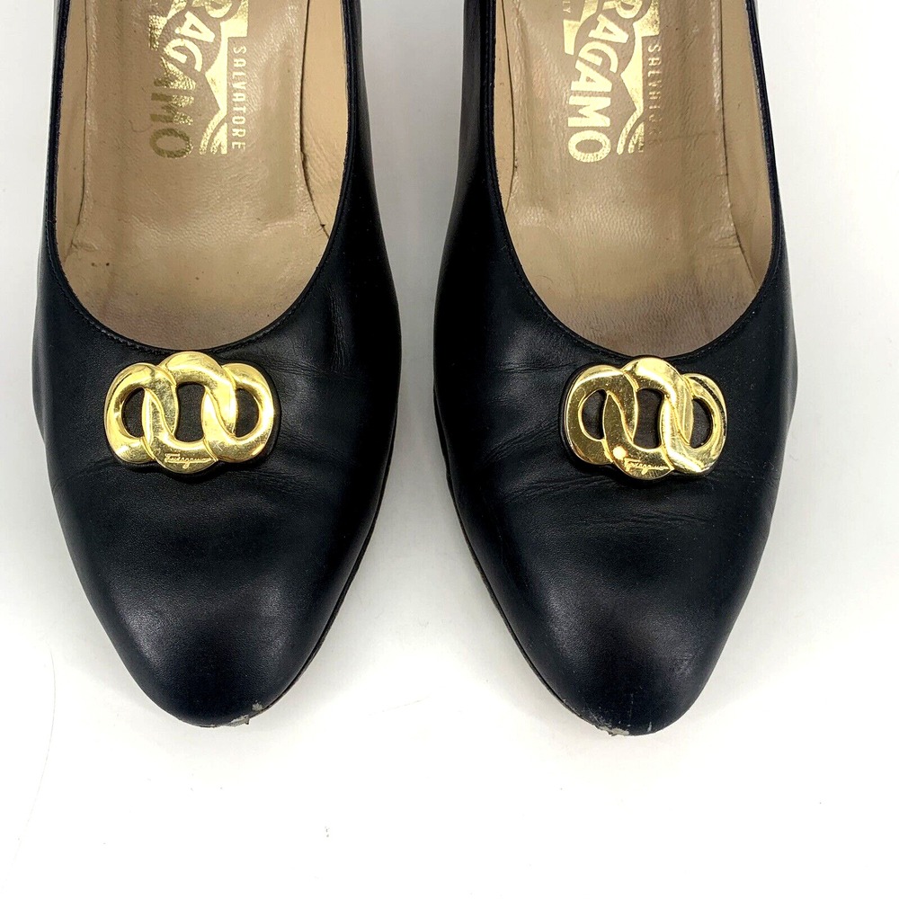 Salvatore Ferragamo Women Matita Black Leather Heel Gold Metal Logo Ring 10 B - Picture 5 of 16